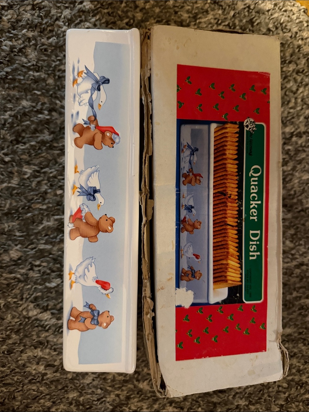 Vintage 1988 Quacker Dish Ceramic Cracker Tray with Duck and Bear Motif